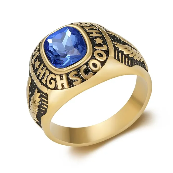 Vintage Eagle Gemstone Ring Stainless Steel Punk Letter Engraved Band