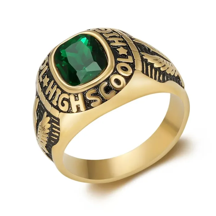 Vintage Eagle Gemstone Ring Stainless Steel Punk Letter Engraved Band