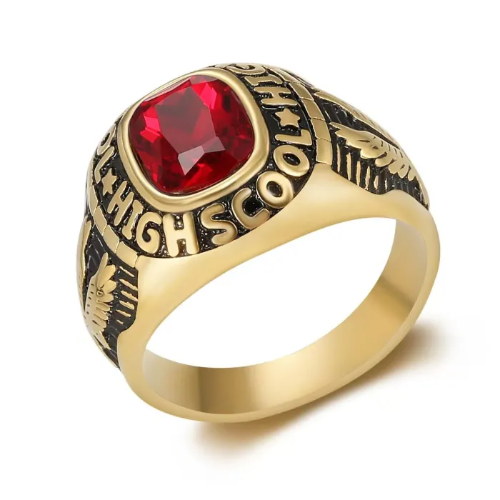 Vintage Eagle Gemstone Ring Stainless Steel Punk Letter Engraved Band