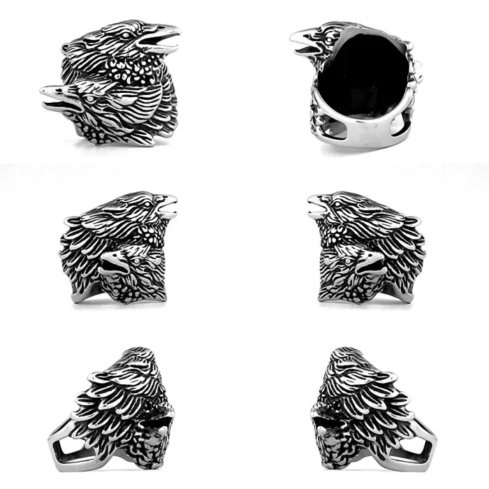 Viking Double Raven Titanium Steel Ring for Men – Odin Pirate Punk Stainless Steel Band