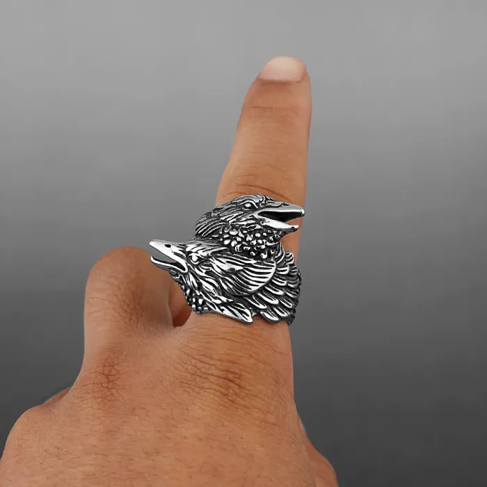 Viking Double Raven Titanium Steel Ring for Men – Odin Pirate Punk Stainless Steel Band