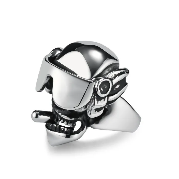 Vintage Punk Skull Titanium Steel Ring for Men – Movable Goggles Cigar Heavy Metal Style