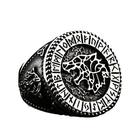 Viking Wolf Head Stainless Steel Ring for Men – Rune Letter Vintage Titanium Band - Ulikings