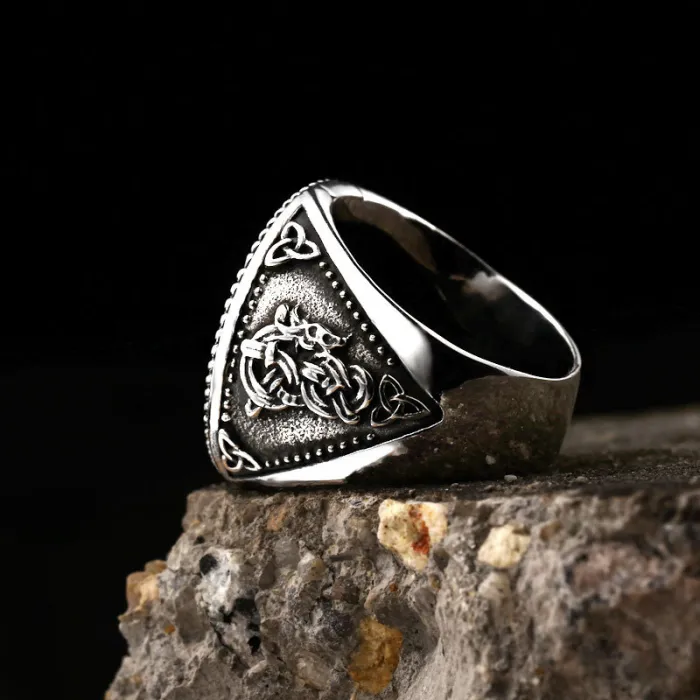 Viking Wolf Head Stainless Steel Ring for Men – Rune Letter Vintage Titanium Band