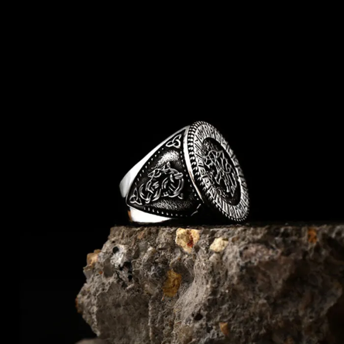Viking Wolf Head Stainless Steel Ring for Men – Rune Letter Vintage Titanium Band