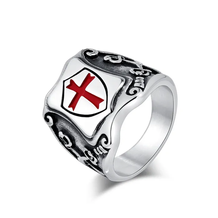Vintage Crusader Shield Stainless Steel Ring for Men – Punk Style Titanium Statement Band