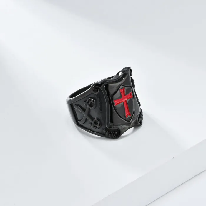 Vintage Crusader Shield Stainless Steel Ring for Men – Punk Style Titanium Statement Band