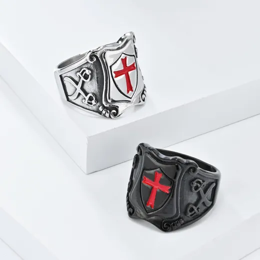 Vintage Crusader Shield Stainless Steel Ring for Men – Punk Style Titanium Statement Band - Ulikings