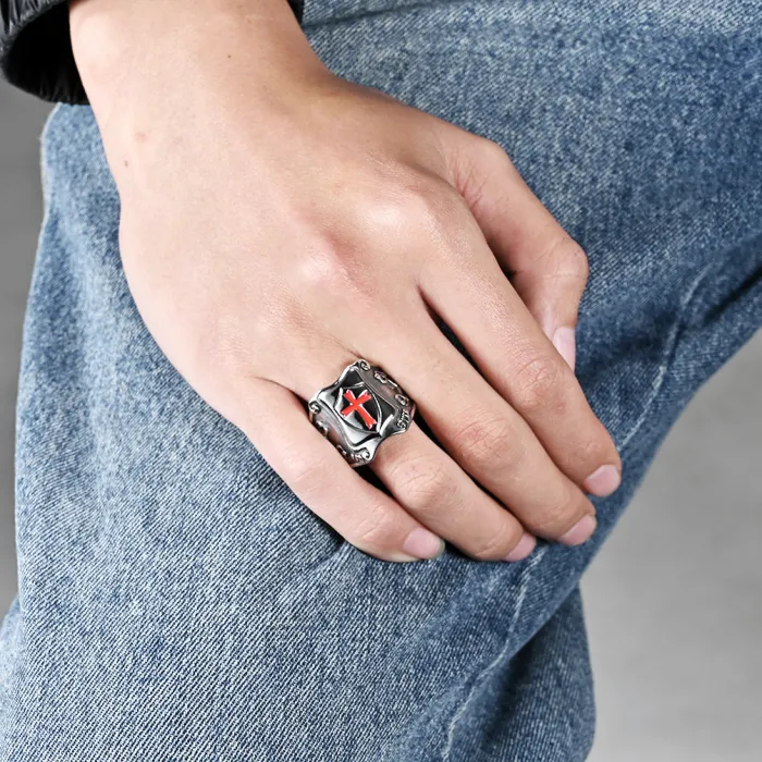 Vintage Crusader Shield Stainless Steel Ring for Men – Punk Style Titanium Statement Band