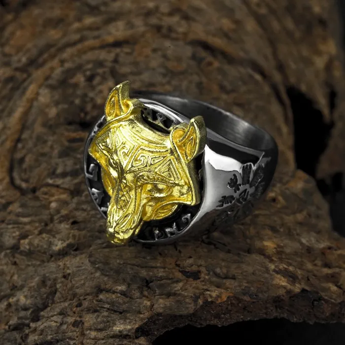 Vintage Wolf Head Titanium Steel Ring for Men – Viking Compass Rune Stainless Steel Band
