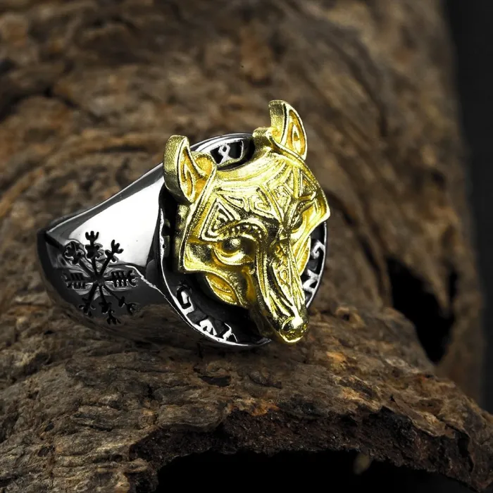 Vintage Wolf Head Titanium Steel Ring for Men – Viking Compass Rune Stainless Steel Band