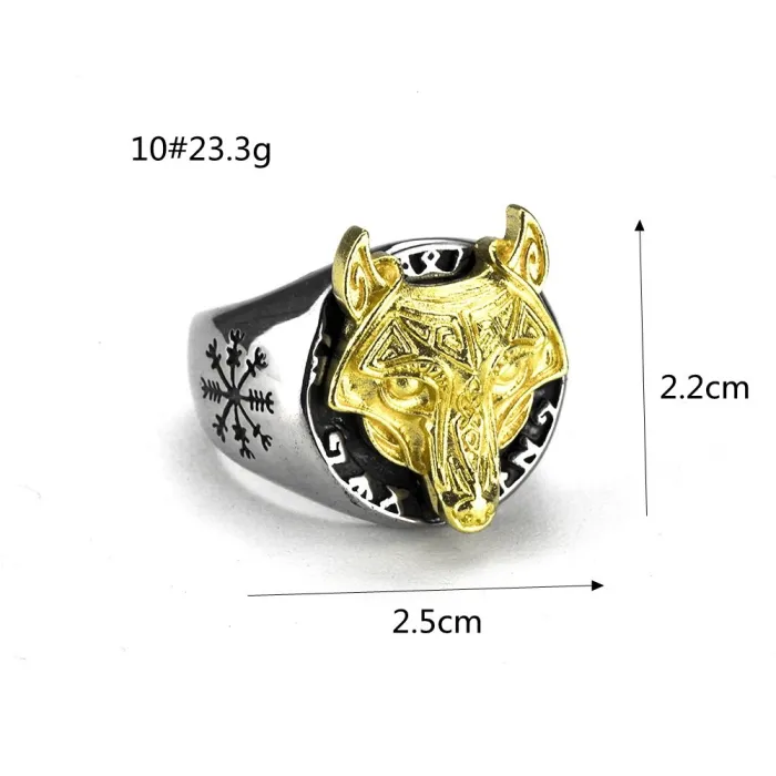 Vintage Wolf Head Titanium Steel Ring for Men – Viking Compass Rune Stainless Steel Band