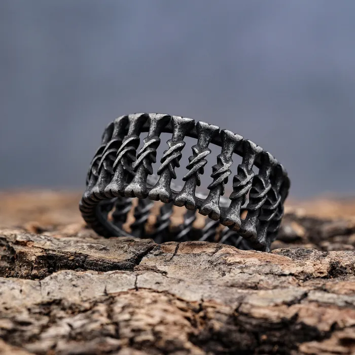 Vintage Bone Stud Stainless Steel Ring for Men – Bold Punk Statement Band