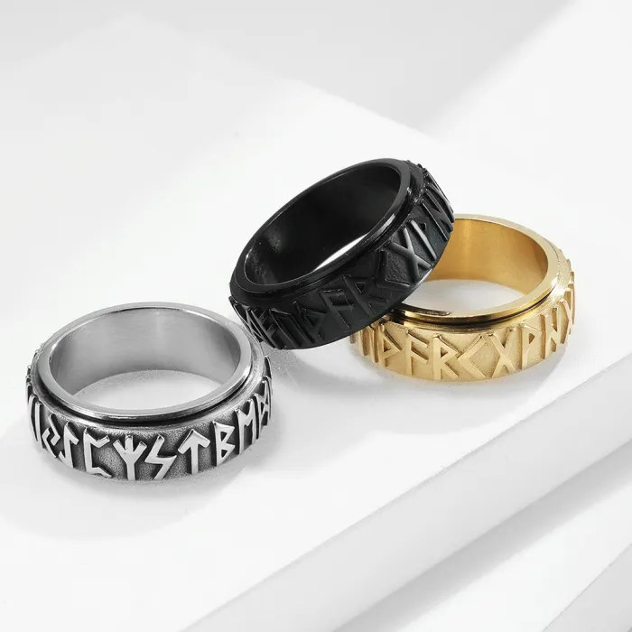 Vintage Viking Rune Spinner Ring for Men – Titanium Steel Fidget Statement Band