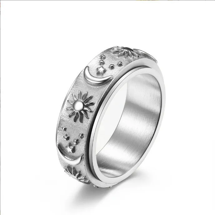 Minimalist Star and Moon Stainless Steel Ring for Women – Matte Fidget Style Jewelry