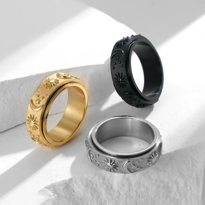 Minimalist Star and Moon Stainless Steel Ring for Women – Matte Fidget Style Jewelry