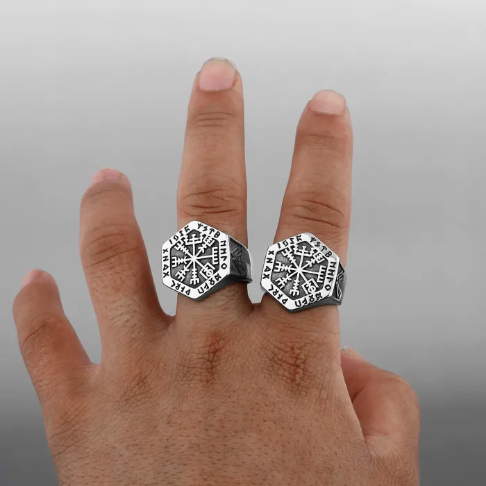 Vintage Compass Totem Alloy Ring for Men – Two-Tone Statement Fashion Jewelry