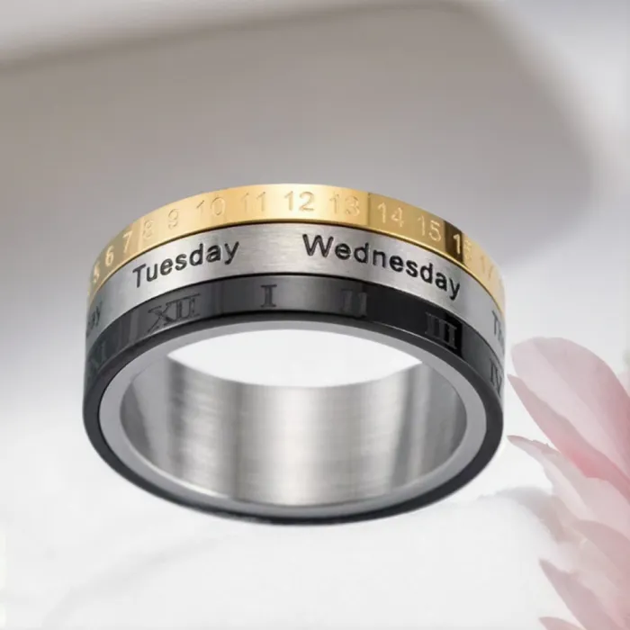 Wholesale Three-Tone Roman Numeral Calendar Spinner Ring – Stainless Steel Rotating Band Factory Price