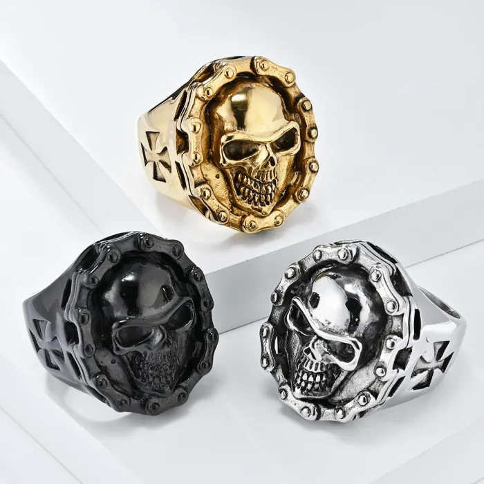 Wholesale Vintage Biker Skull Chain Ring – Stainless Steel Hip Hop Men’s Band Factory Price