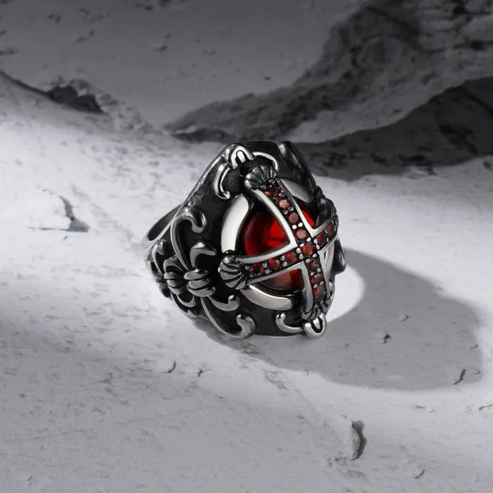 Wholesale Gothic Cross Crown Ring – Red CZ Stainless Steel Men’s Band Factory Price