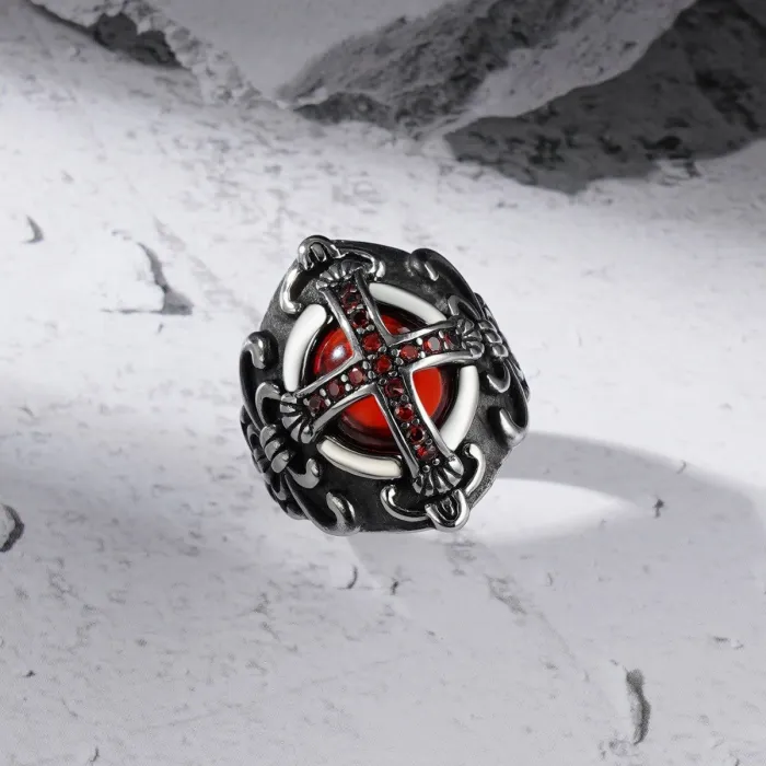 Wholesale Gothic Cross Crown Ring – Red CZ Stainless Steel Men’s Band Factory Price