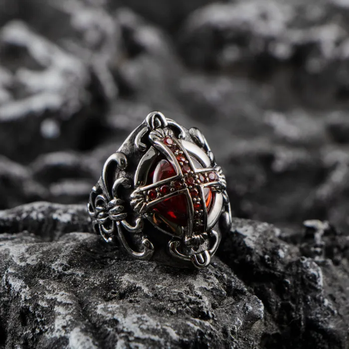 Wholesale Gothic Cross Crown Ring – Red CZ Stainless Steel Men’s Band Factory Price